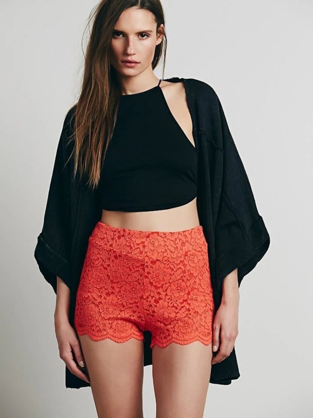 NWT New Free People Orange Stretch Floral Lace Biker Shorts Size 6